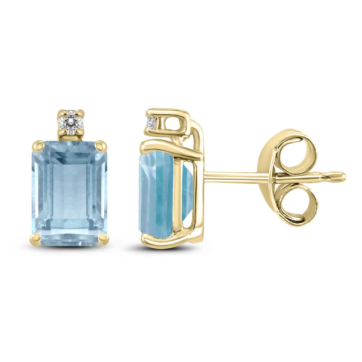 14K Yellow Gold 6x4MM Emerald Shaped Aquamarine and Diamond Earrings