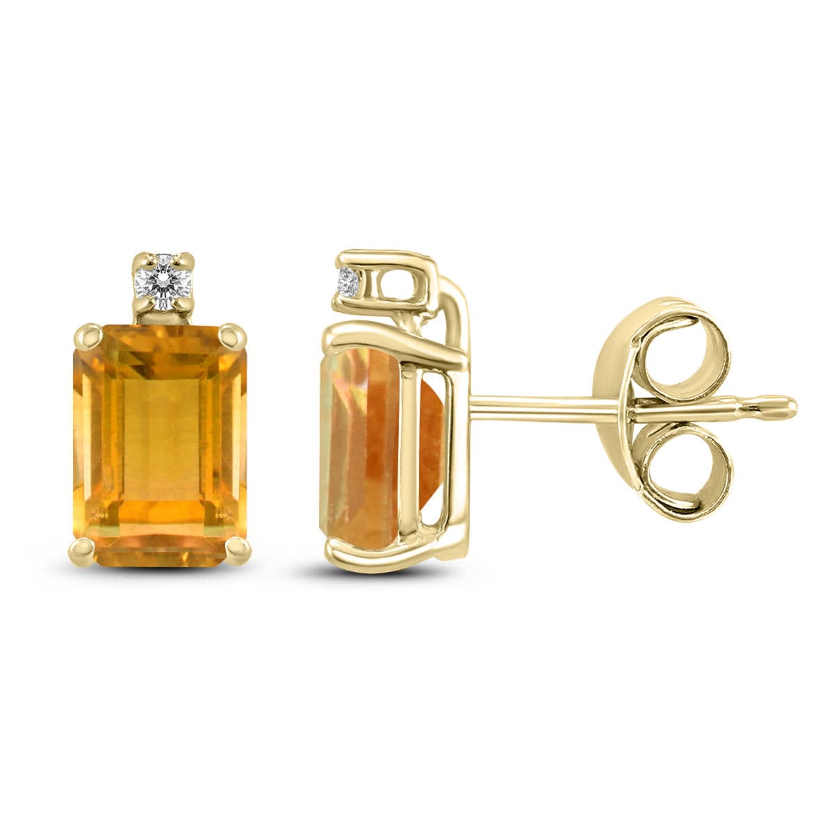 14K Yellow Gold 6x4MM Emerald Shaped Citrine and Diamond Earrings