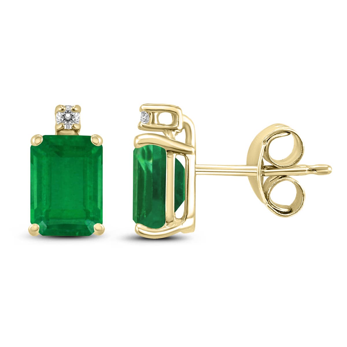 14K Yellow Gold 6x4MM Emerald Shaped Emerald and Diamond Earrings