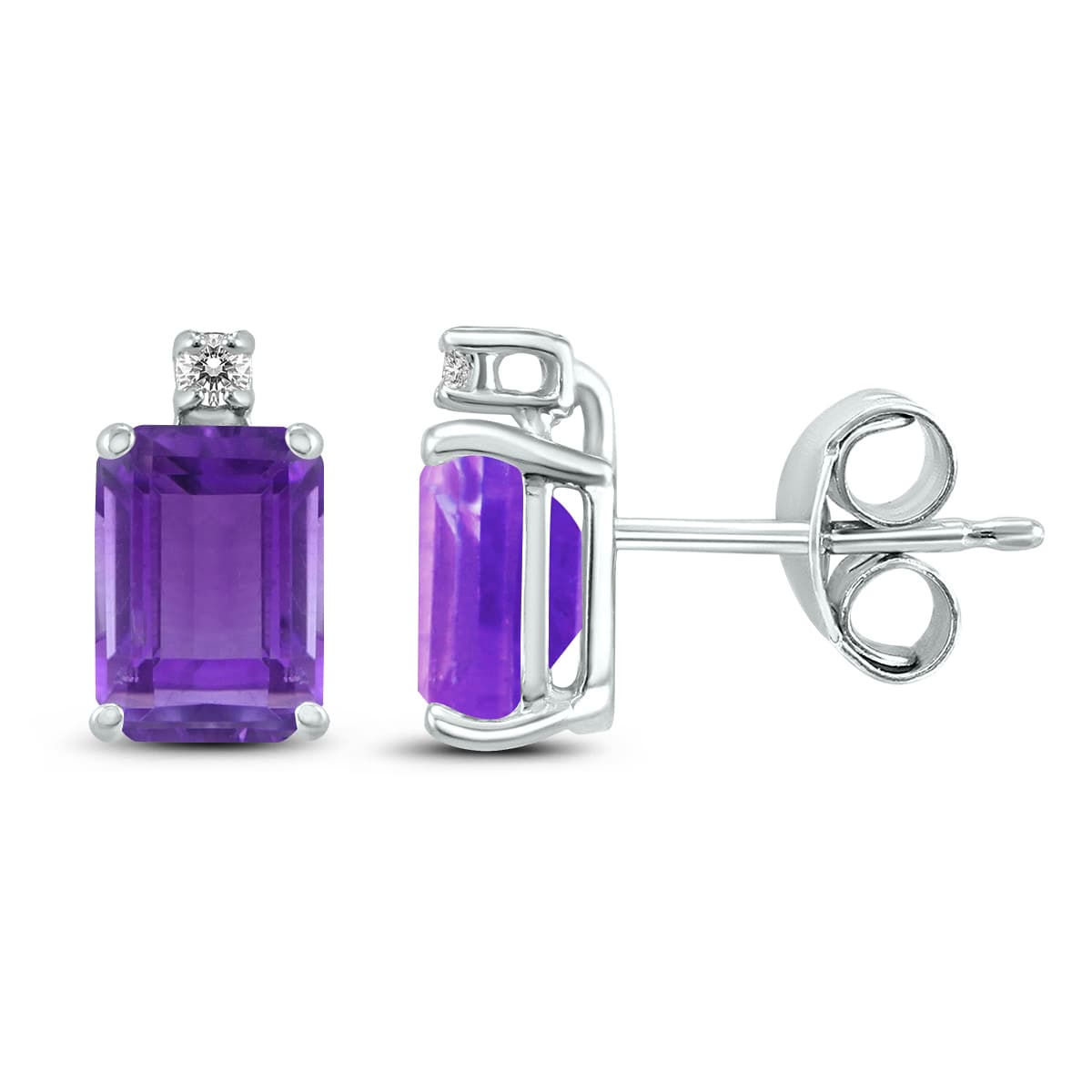 14K White Gold 8x6MM Emerald Shaped Amethyst and Diamond Earrings