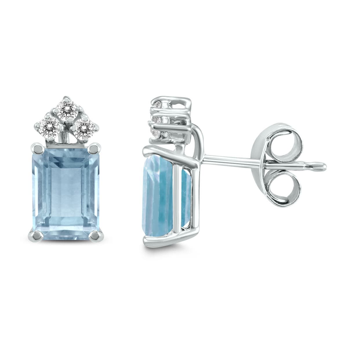 14K White Gold 5x3MM Emerald Shaped Aquamarine and Three Stone Diamond Earrings