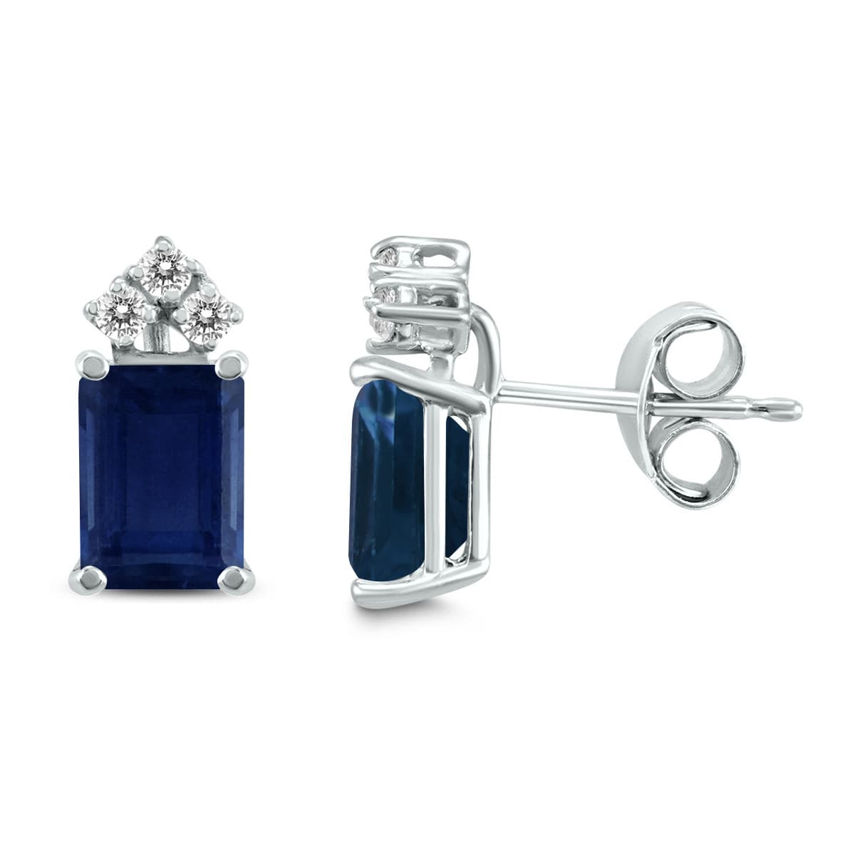 14K White Gold 5x3MM Emerald Shaped Sapphire and Three Stone Diamond Earrings