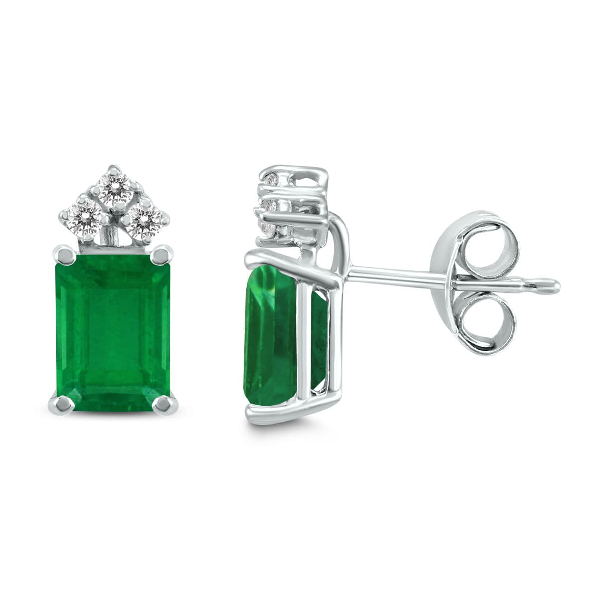 14K White Gold 6x4MM Emerald Shaped Emerald and Three Stone Diamond Earrings