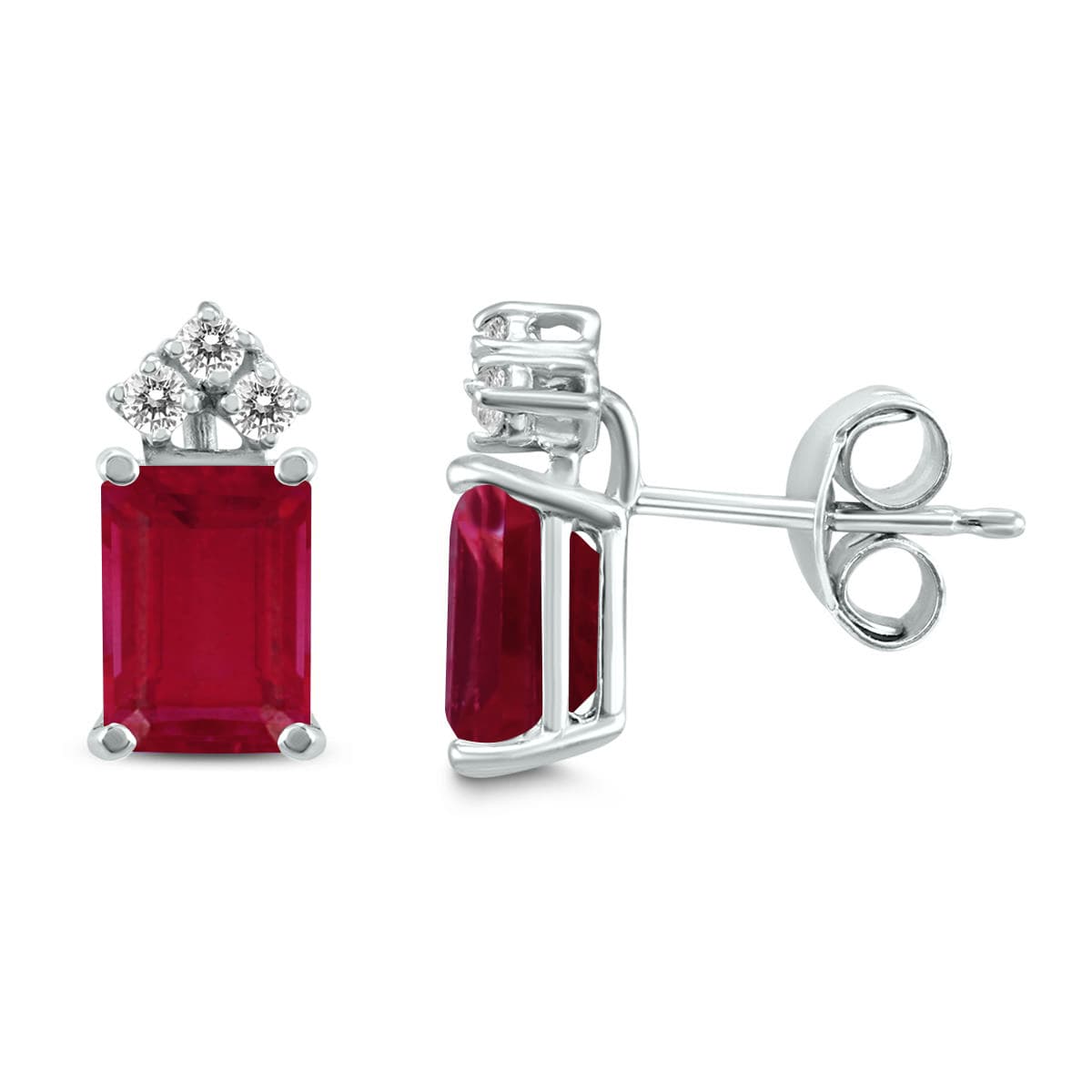 14K White Gold 6x4MM Emerald Shaped Ruby and Three Stone Diamond Earrings