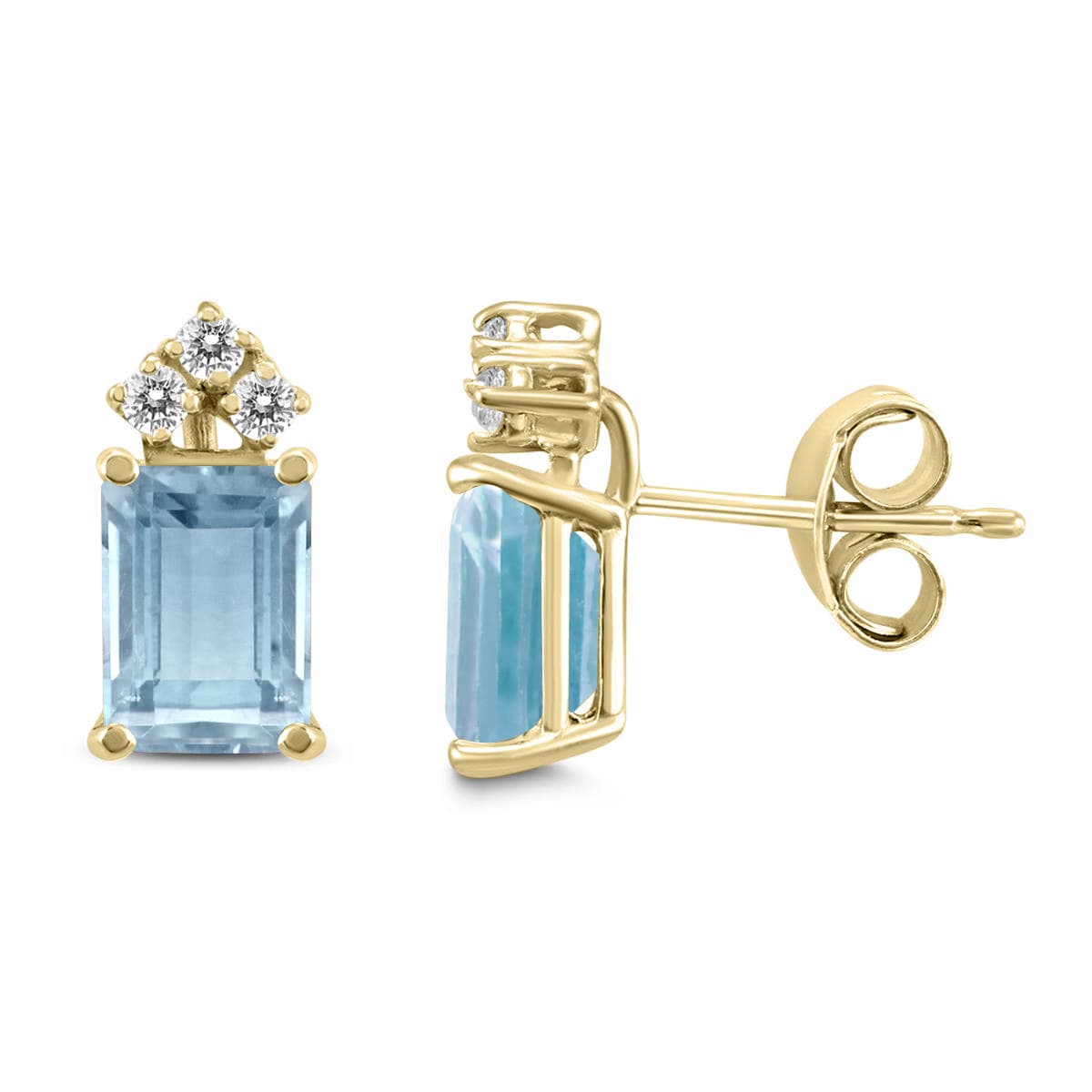 14K Yellow Gold 6x4MM Emerald Shaped Aquamarine and Three Stone Diamond Earrings