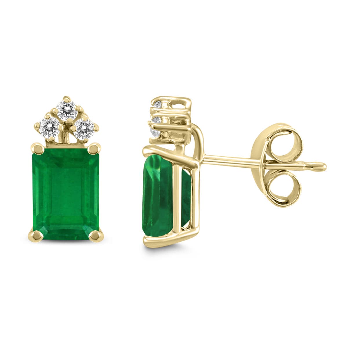 14K Yellow Gold 6x4MM Emerald Shaped Emerald and Three Stone Diamond Earrings