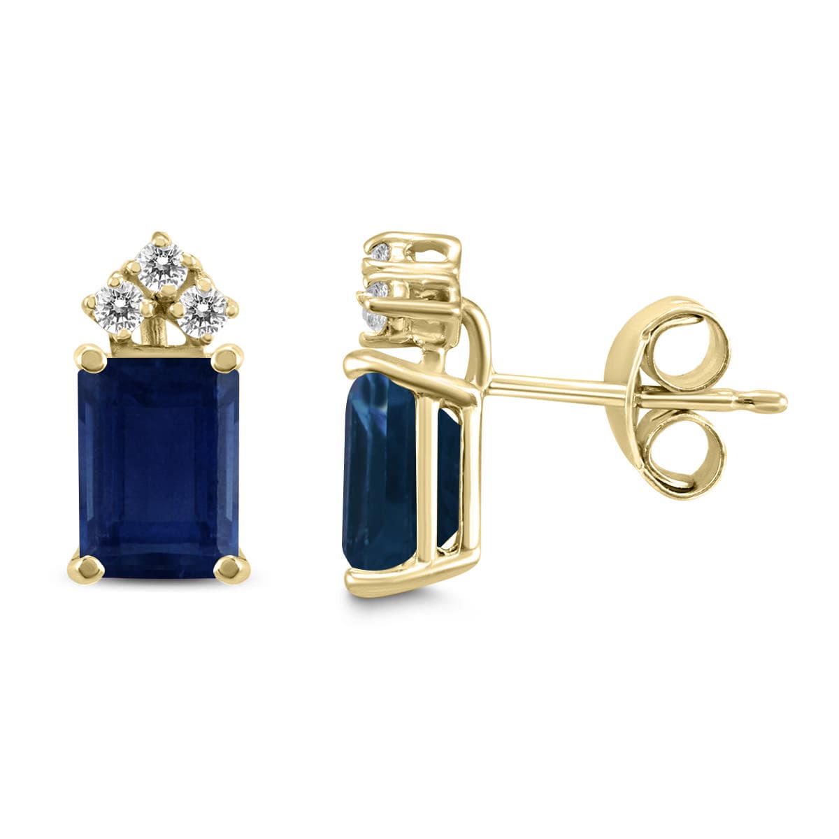 14K Yellow Gold 6x4MM Emerald Shaped Sapphire and Three Stone Diamond Earrings