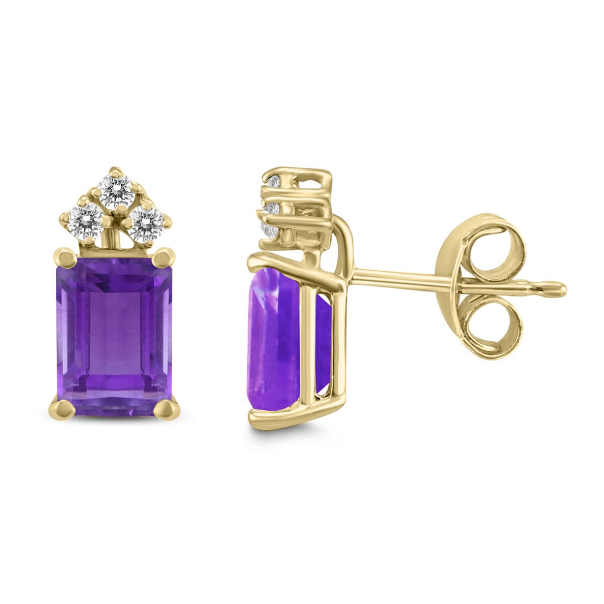 14K Yellow Gold 7x5MM Emerald Shaped Amethyst and Three Stone Diamond Earrings
