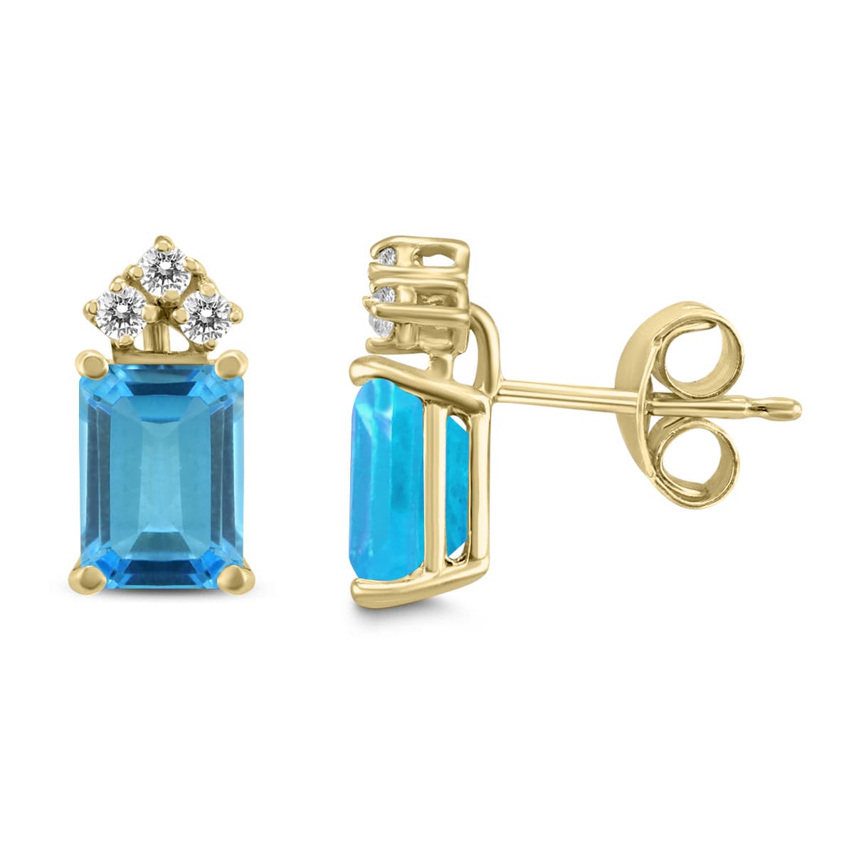 14K Yellow Gold 7x5MM Emerald Shaped Blue Topaz and Three Stone Diamond Earrings