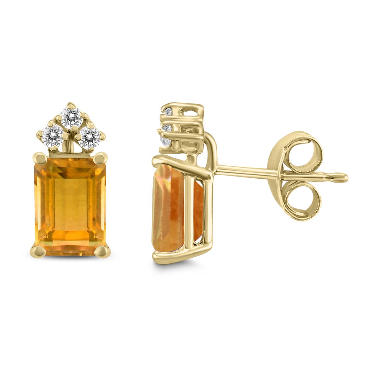 14K Yellow Gold 7x5MM Emerald Shaped Citrine and Three Stone Diamond Earrings