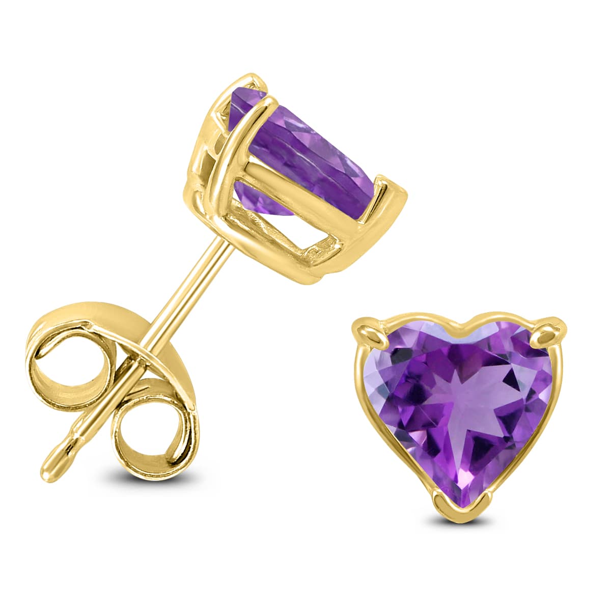 14K Yellow Gold 7MM Heart Amethyst Earrings