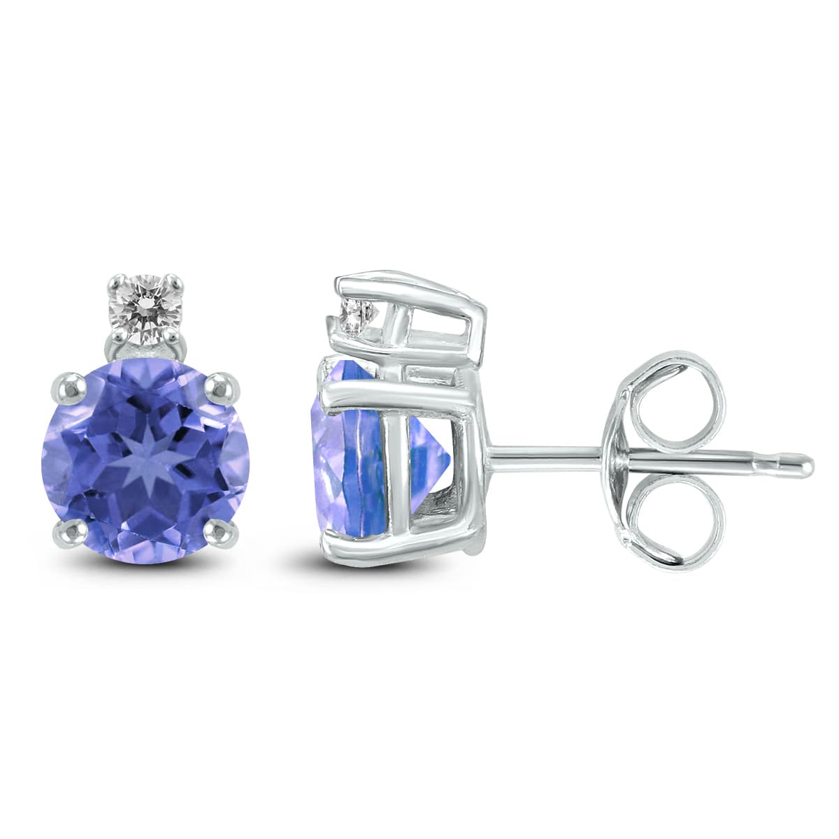 14K White Gold 4MM Round Tanzanite and Diamond Earrings