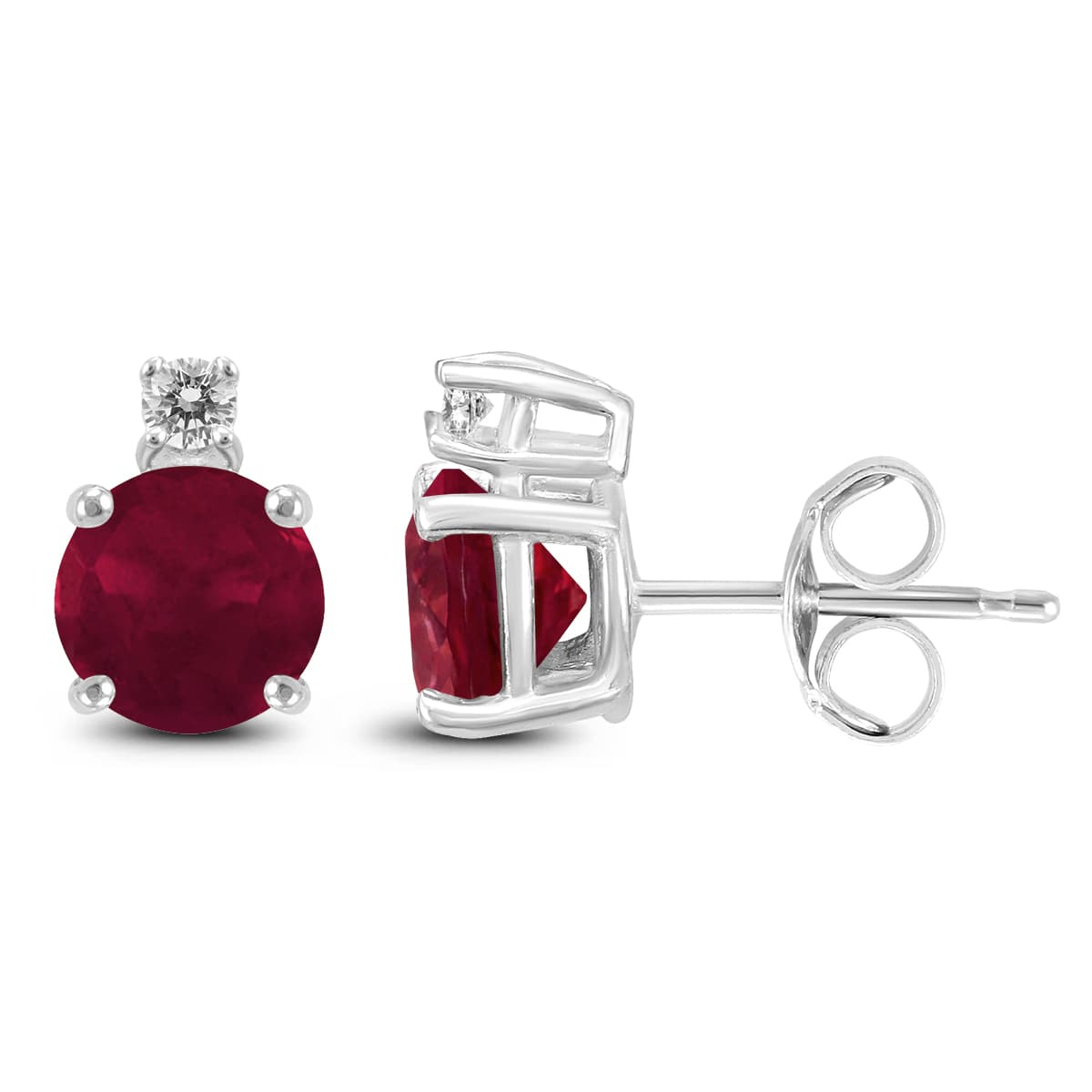 14K White Gold 5MM Round Ruby and Diamond Earrings