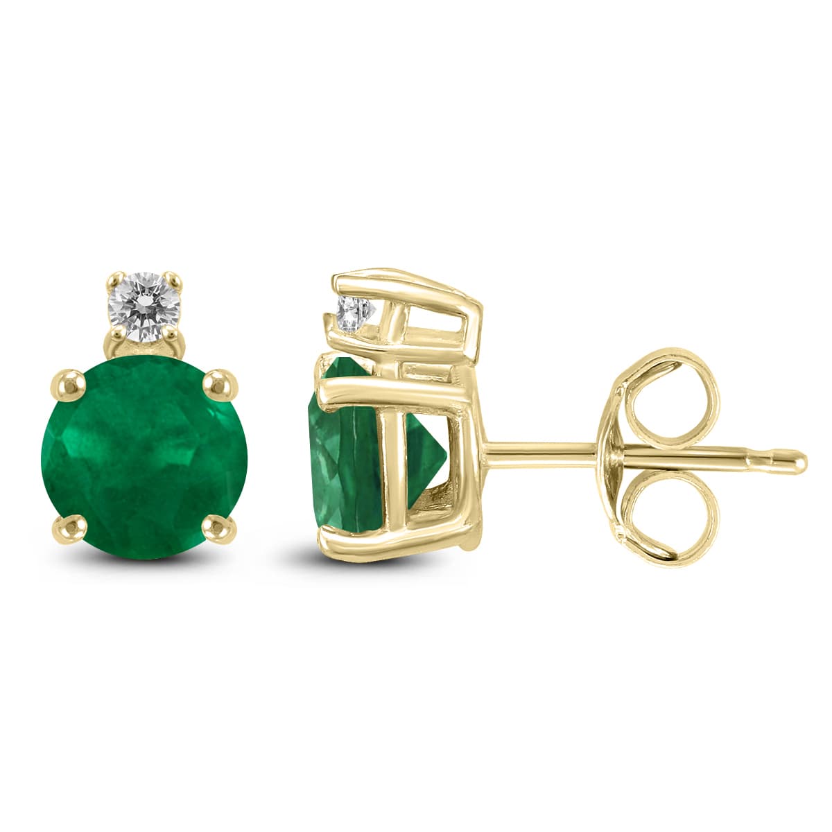 14K Yellow Gold 4MM Round Emerald and Diamond Earrings