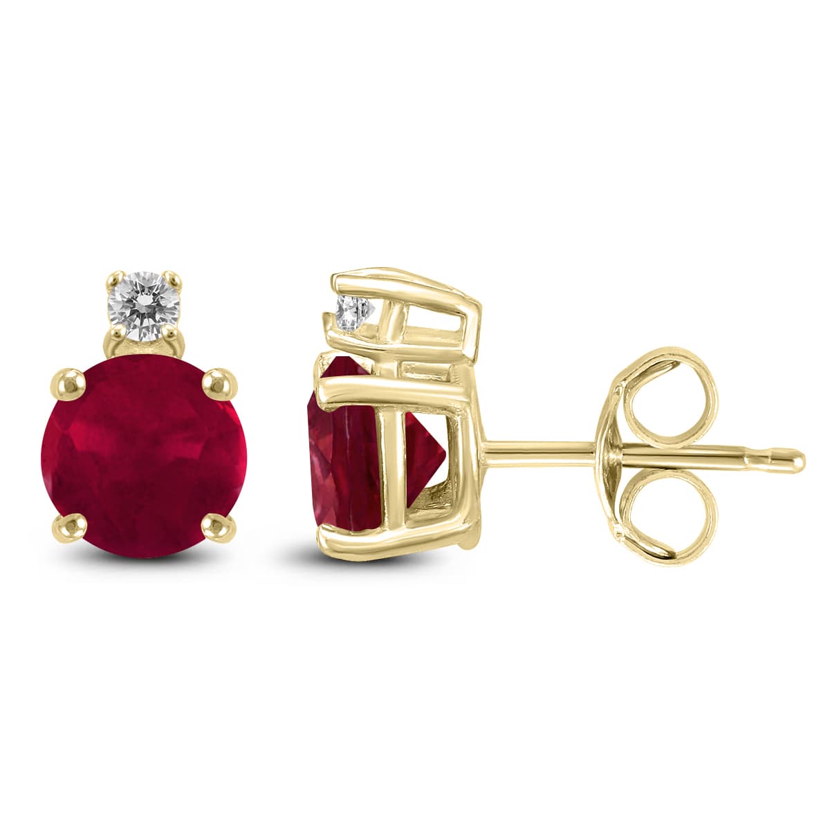 14K Yellow Gold 4MM Round Ruby and Diamond Earrings