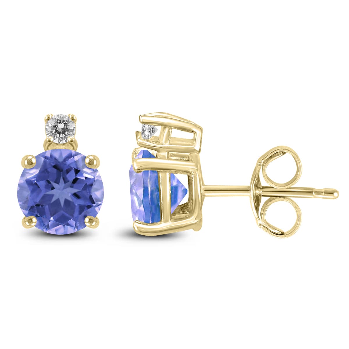 14K Yellow Gold 4MM Round Tanzanite and Diamond Earrings