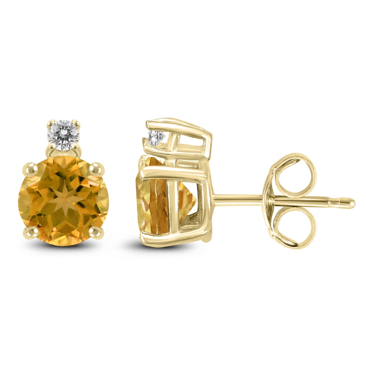 14K Yellow Gold 7MM Round Citrine and Diamond Earrings