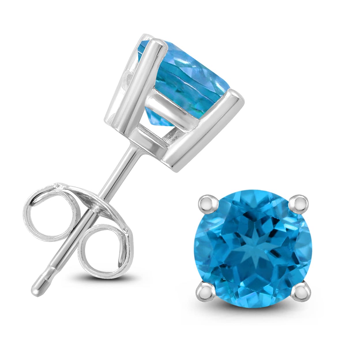 14K White Gold 7MM Round Blue Topaz Earrings