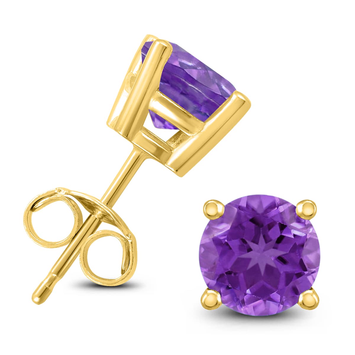 14K Yellow Gold 7MM Round Amethyst Earrings