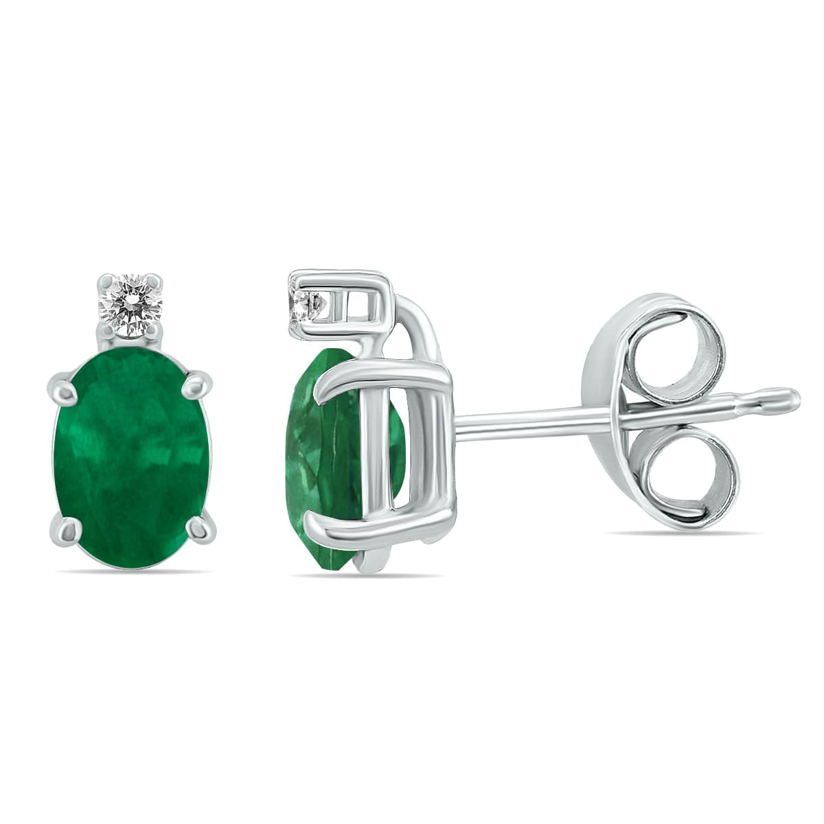 14K White Gold 5x3MM Oval Emerald and Diamond Earrings