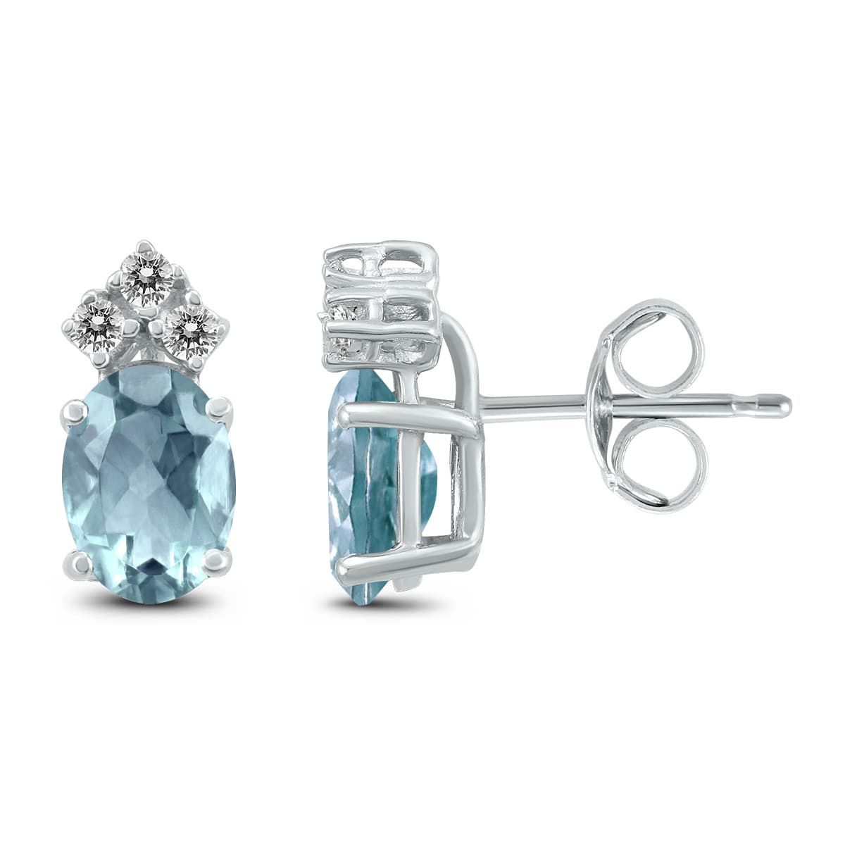 14K White Gold 5x3MM Oval Aquamarine and Three Stone Diamond Earrings