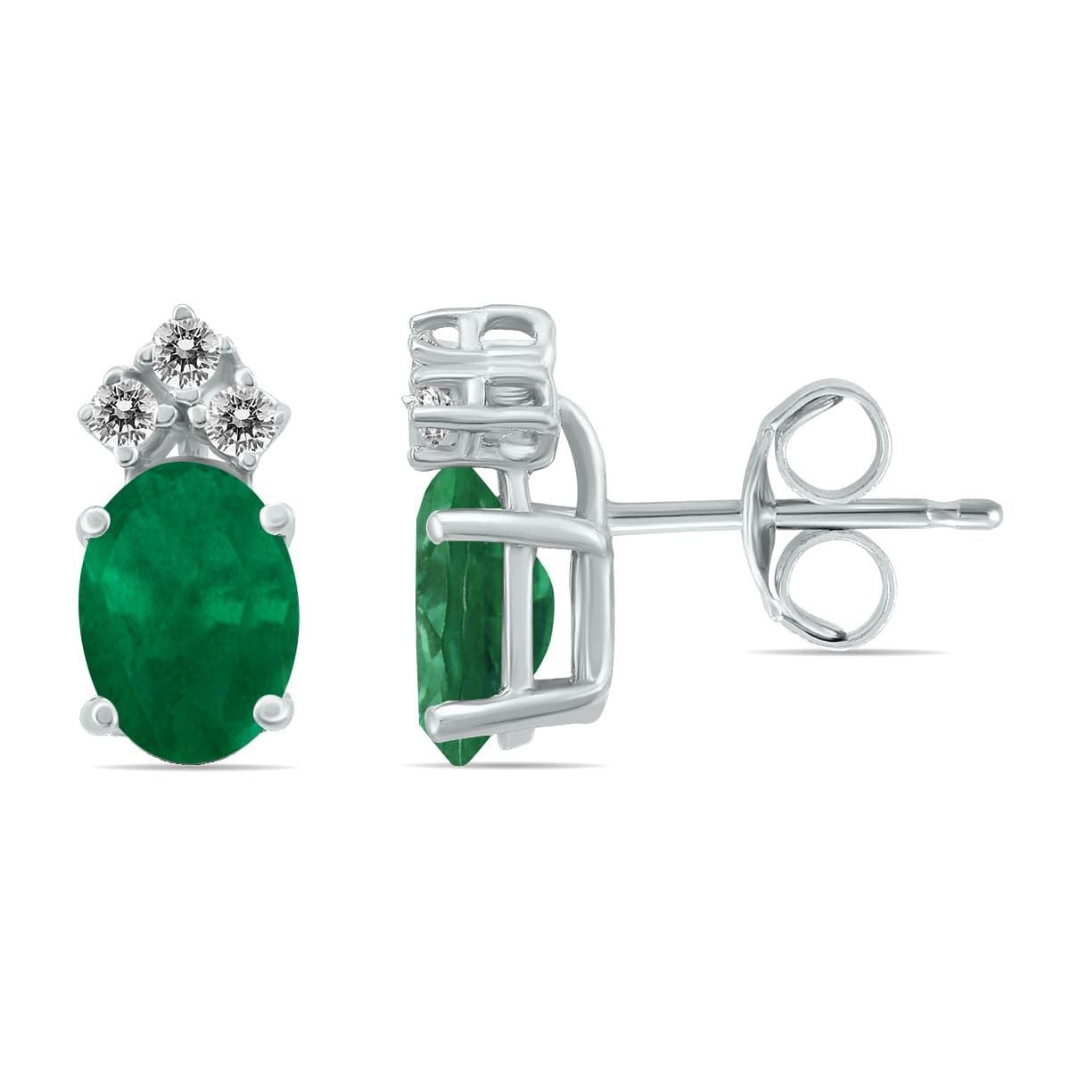 14K White Gold 6x4MM Oval Emerald and Three Stone Diamond Earrings
