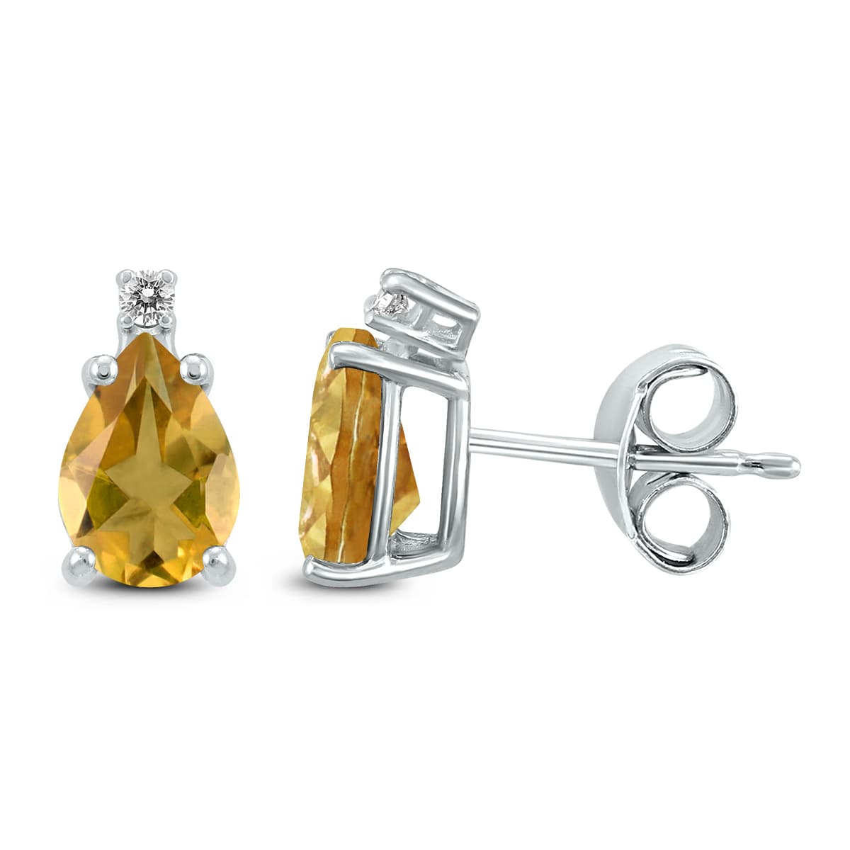 14K White Gold 7x5MM Pear Citrine and Diamond Earrings