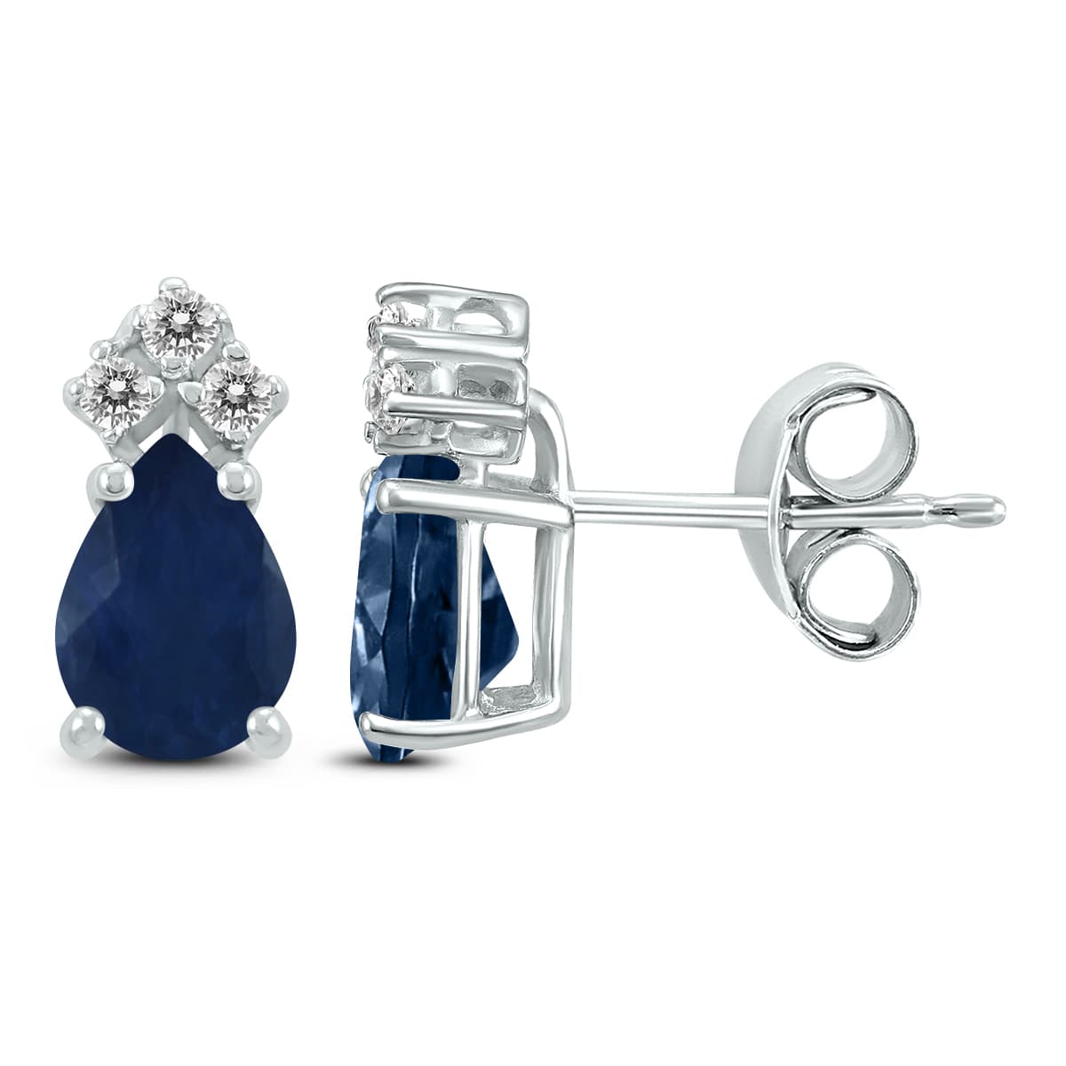 14K White Gold 5x3MM Pear Sapphire and Three Stone Diamond Earrings