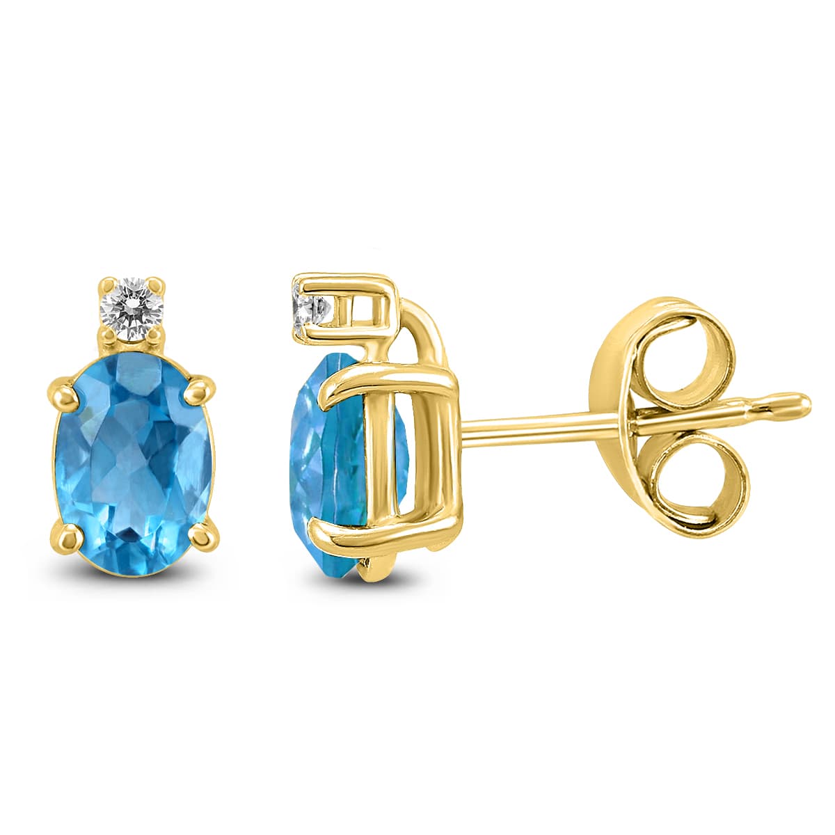 14K Yellow Gold 8x6MM Oval Blue Topaz and Diamond Earrings