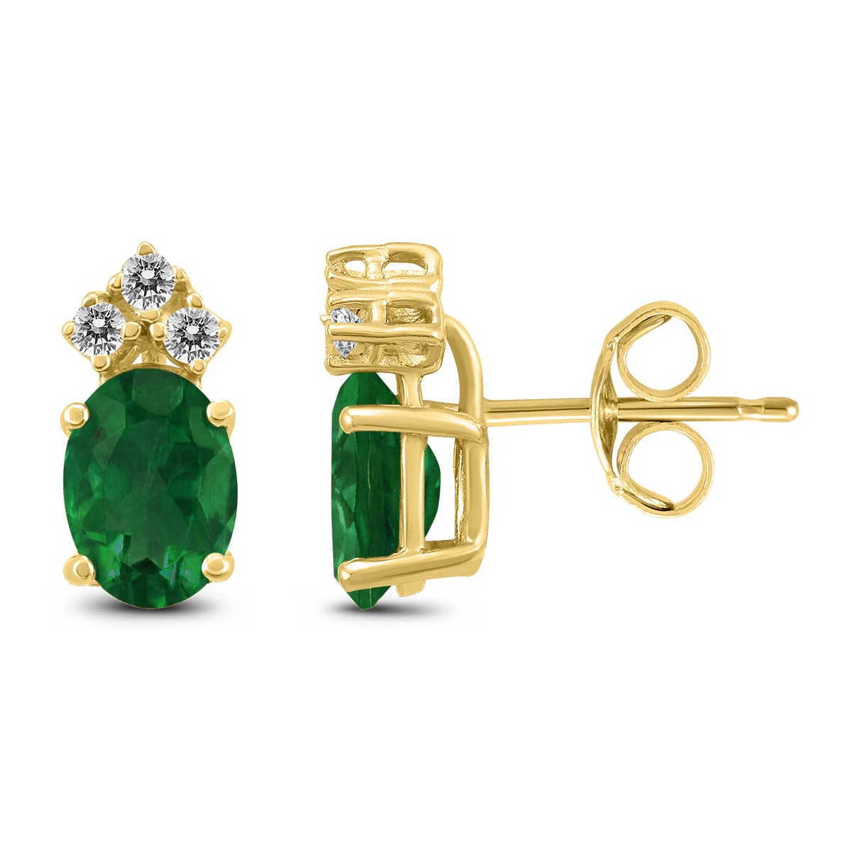 14K Yellow Gold 5x3MM Oval Emerald and Three Stone Diamond Earrings