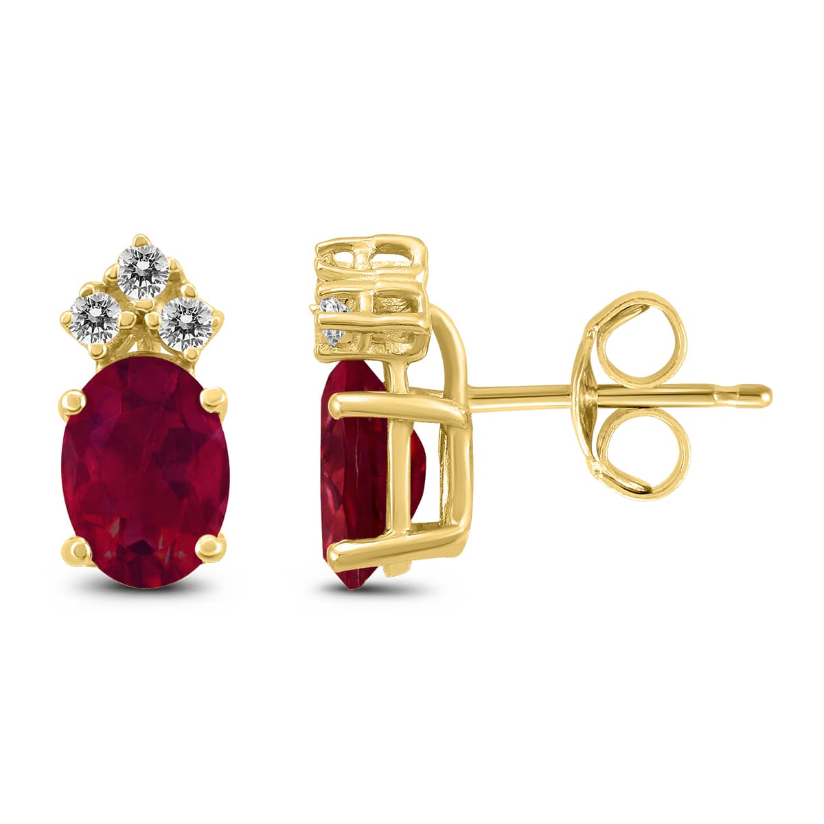 14K Yellow Gold 5x3MM Oval Ruby and Three Stone Diamond Earrings