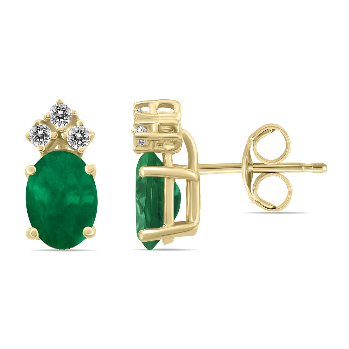 14K Yellow Gold 6x4MM Oval Emerald and Three Stone Diamond Earrings