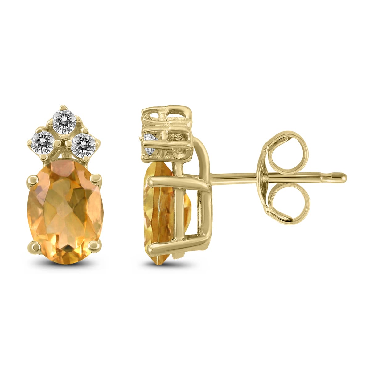 14K Yellow Gold 8x6MM Oval Citrine and Three Stone Diamond Earrings