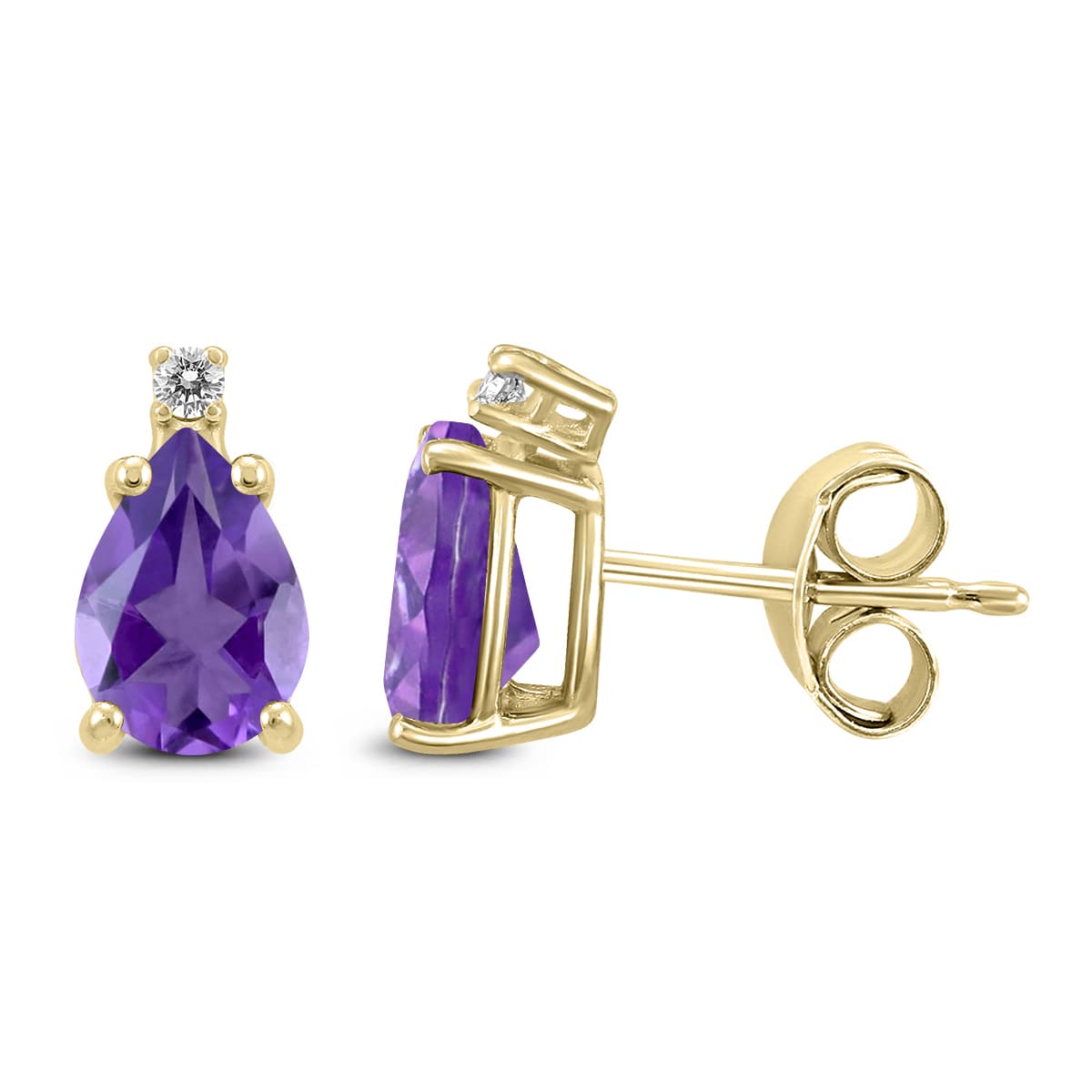 14K Yellow Gold 8x6MM Pear Amethyst and Diamond Earrings