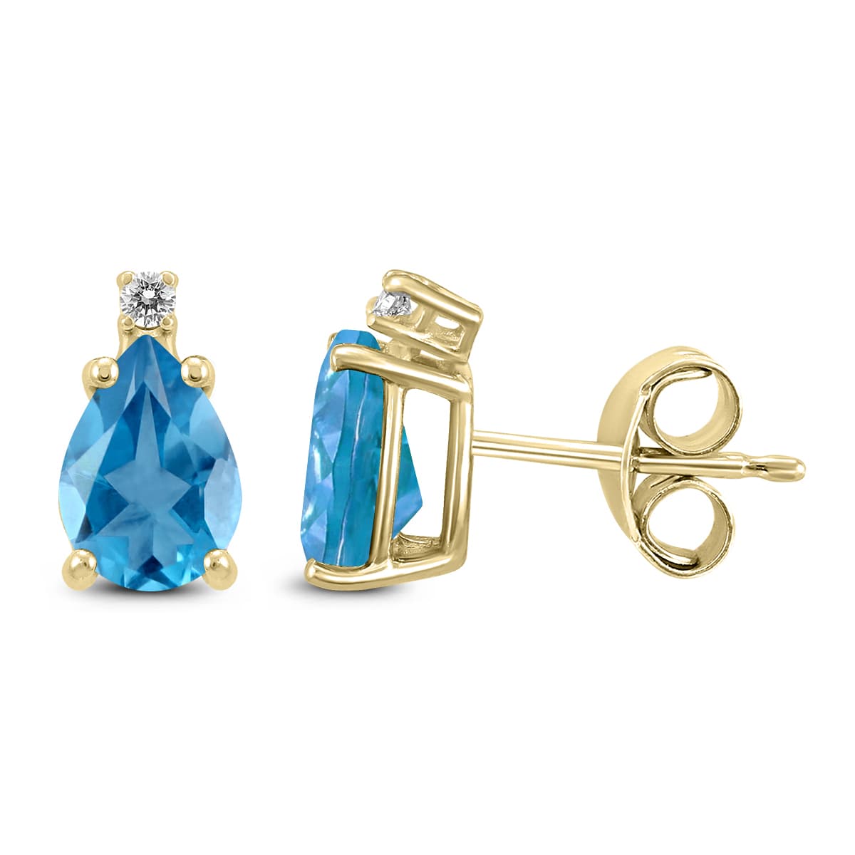 14K Yellow Gold 8x6MM Pear Blue Topaz and Diamond Earrings