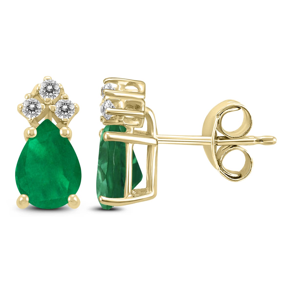 14K Yellow Gold 5x3MM Pear Emerald and Three Stone Diamond Earrings