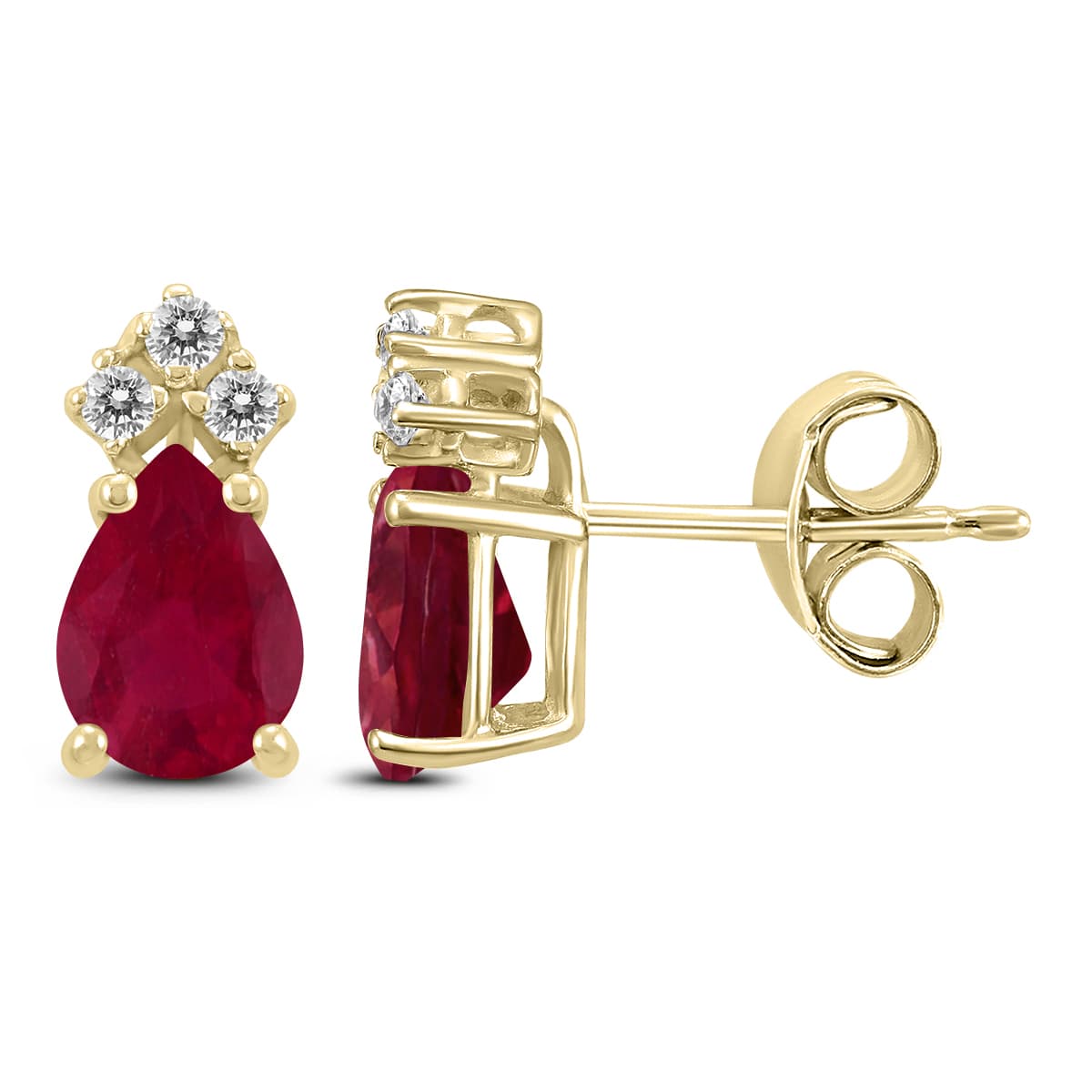 14K Yellow Gold 5x3MM Pear Ruby and Three Stone Diamond Earrings