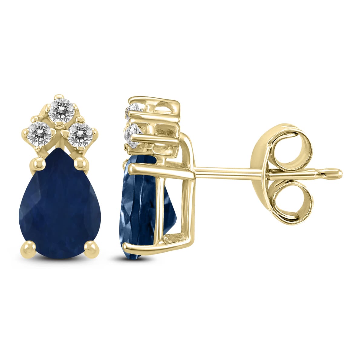 14K Yellow Gold 5x3MM Pear Sapphire and Three Stone Diamond Earrings