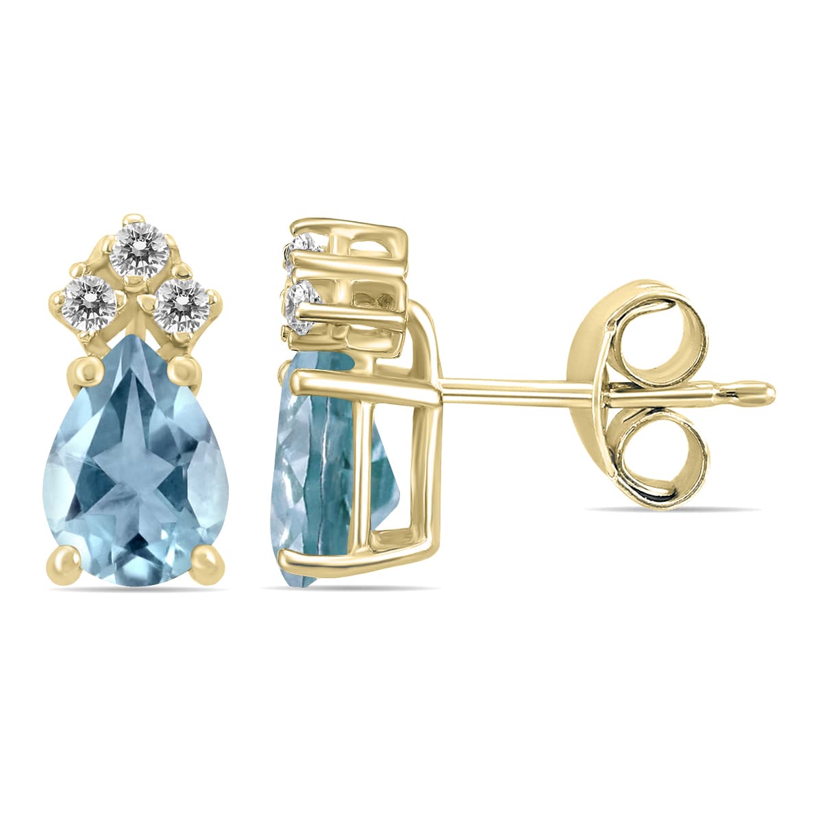 14K Yellow Gold 6x4MM Pear Aquamarine and Three Stone Diamond Earrings