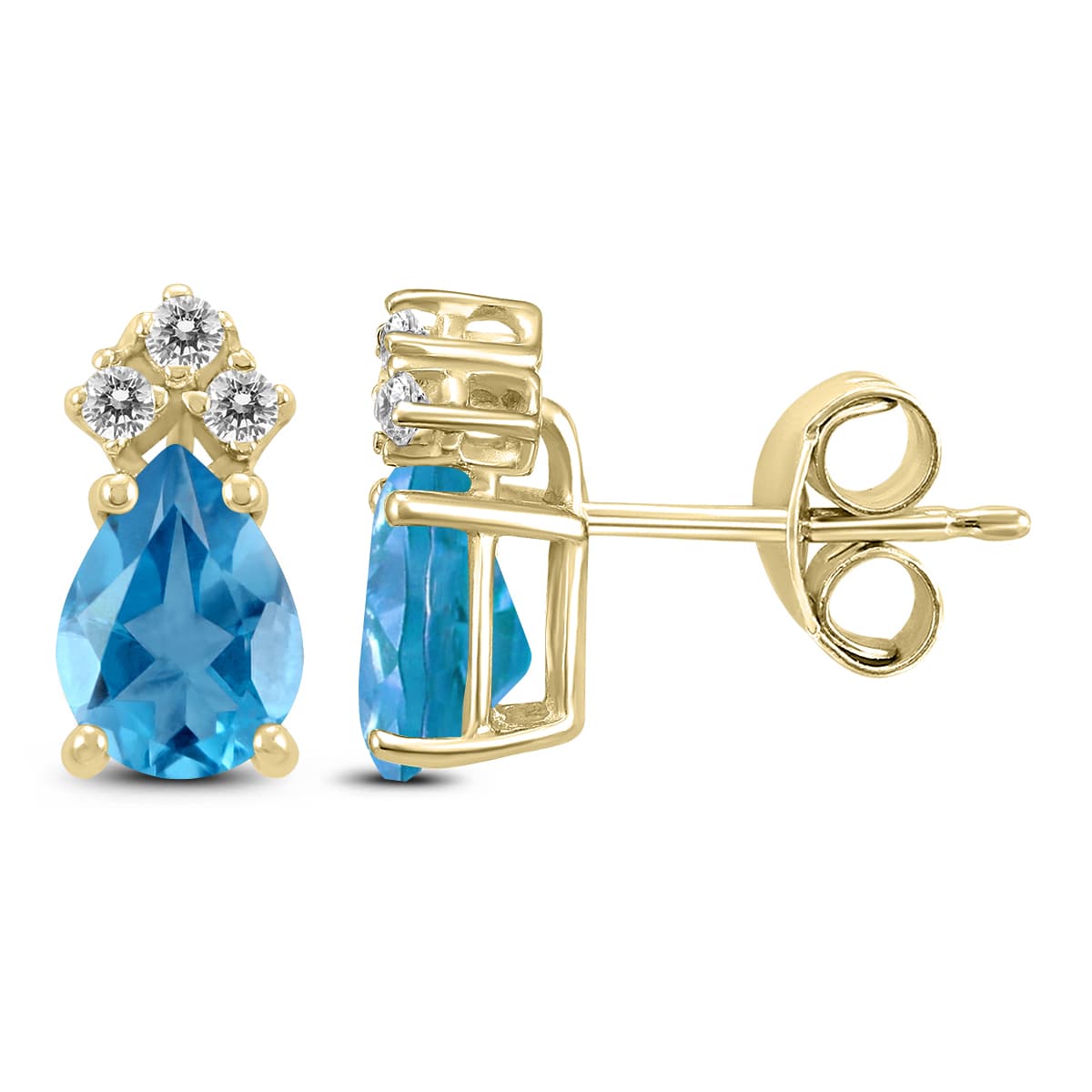 14K Yellow Gold 8x6MM Pear Blue Topaz and Three Stone Diamond Earrings