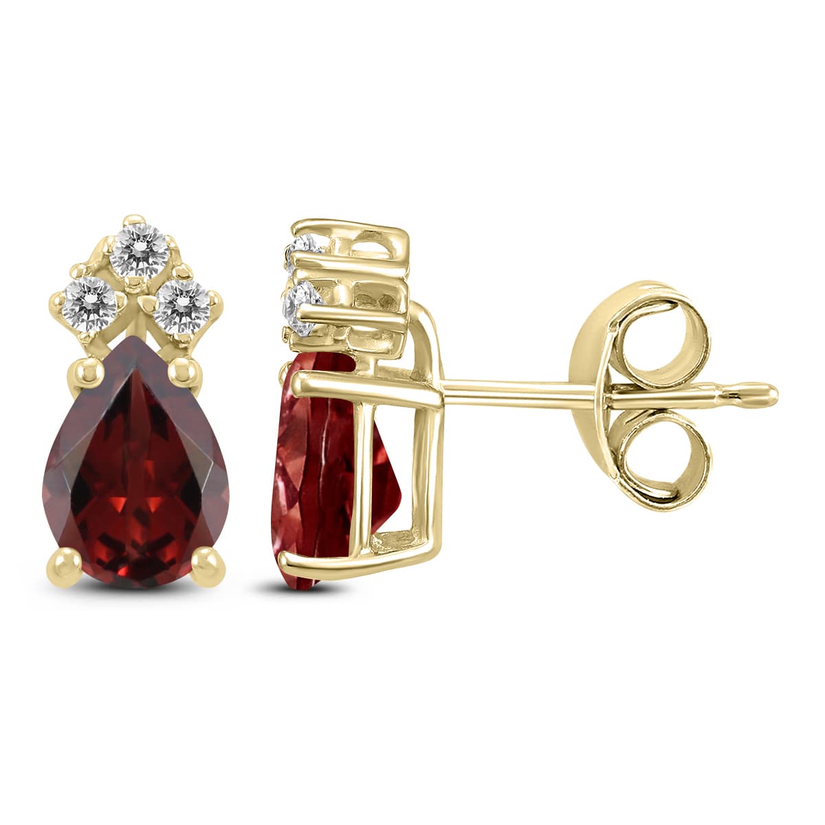 14K Yellow Gold 8x6MM Pear Garnet and Three Stone Diamond Earrings