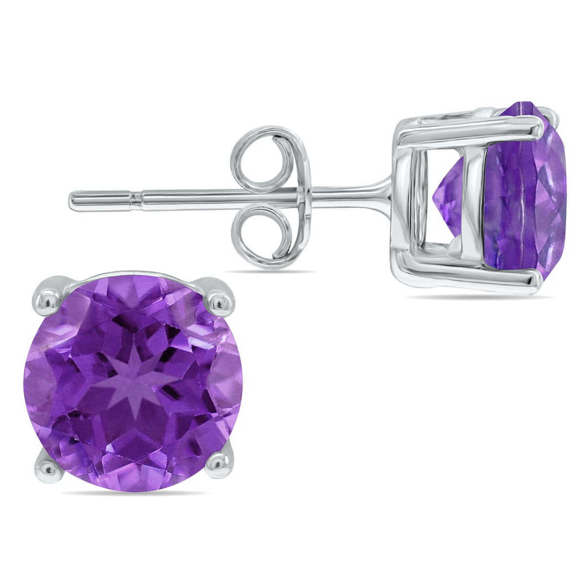6MM Round All-Natural Genuine Amethyst Earrings in.925 Sterling Silver