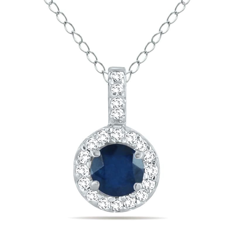 1/2 Carat TW Halo Sapphire And Diamond Pendant in 10K White Gold