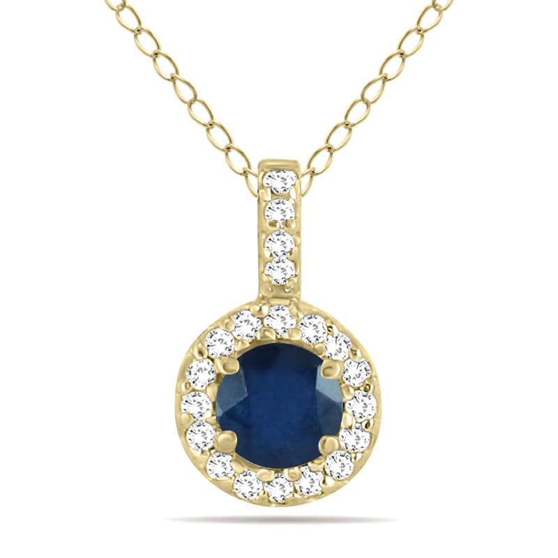 1/2 Carat TW Halo Sapphire And Diamond Pendant in 10K Yellow Gold
