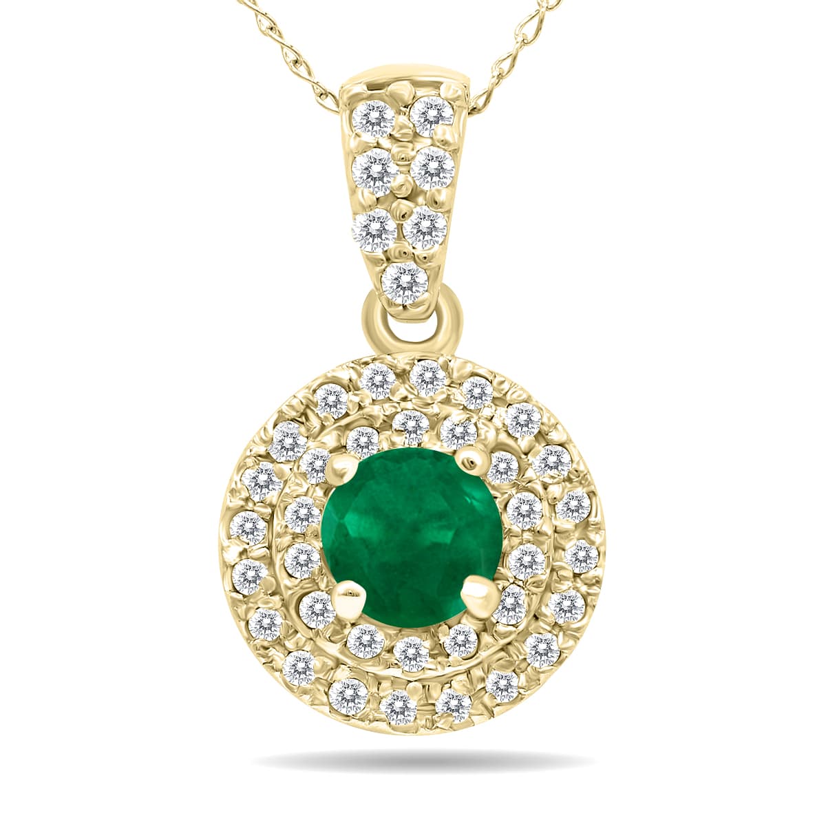 3/4 Carat TW Double Halo Emerald And Diamond Pendant in 10K Yellow Gold