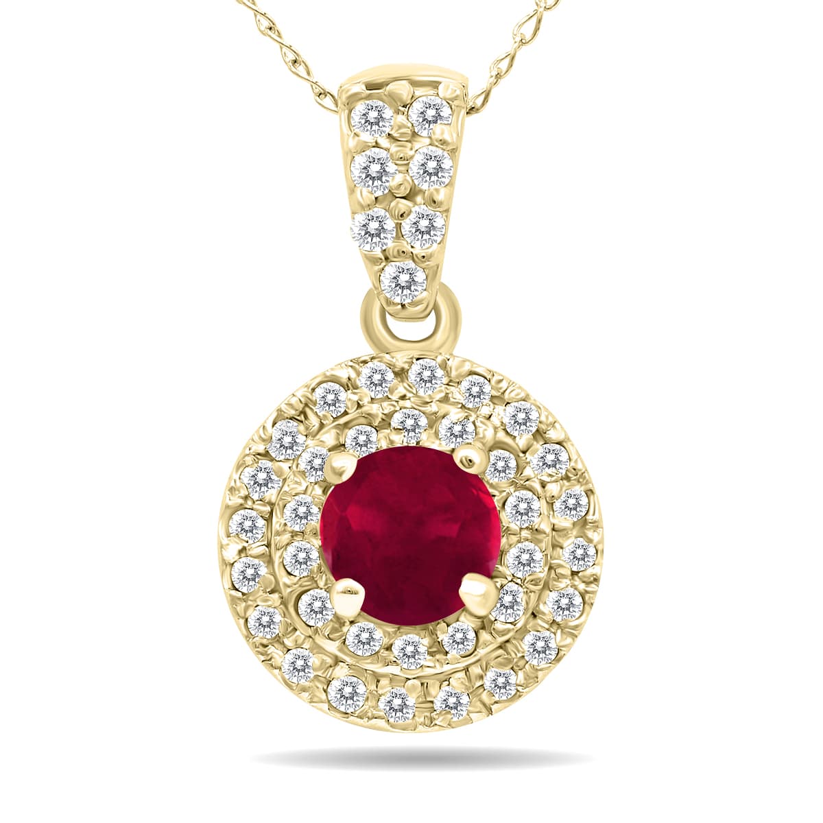 3/4 Carat TW Double Halo Ruby And Diamond Pendant in 10K Yellow Gold