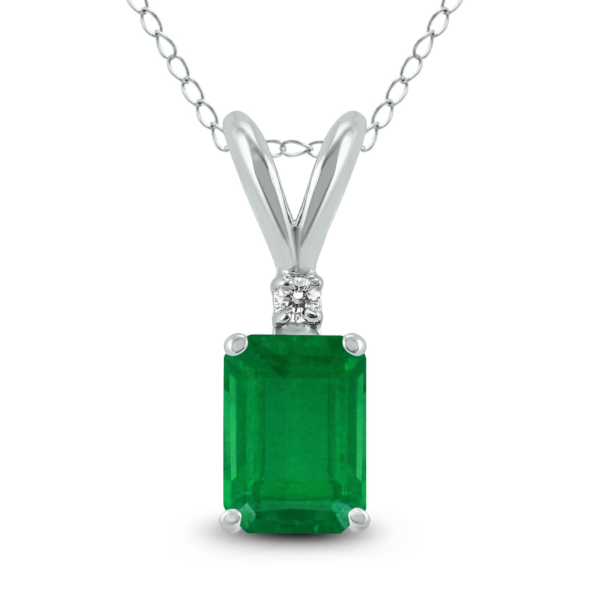 14K White Gold 6x4MM Emerald Shaped Emerald and Diamond Pendant