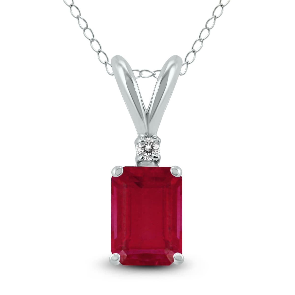 14K White Gold 6x4MM Emerald Shaped Ruby and Diamond Pendant