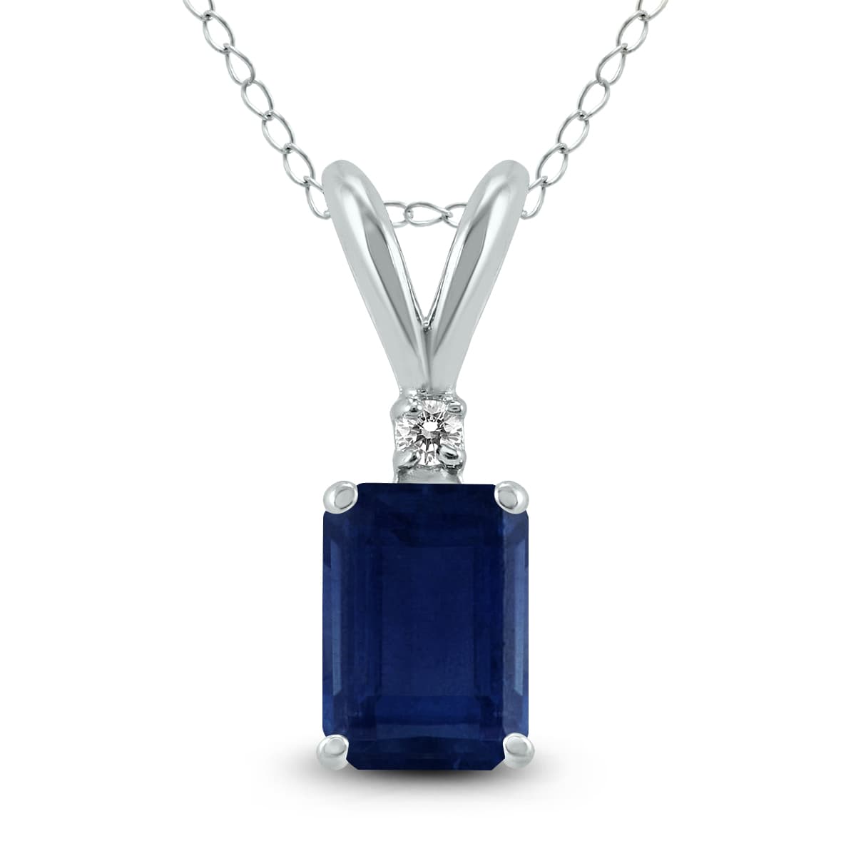 14K White Gold 6x4MM Emerald Shaped Sapphire and Diamond Pendant