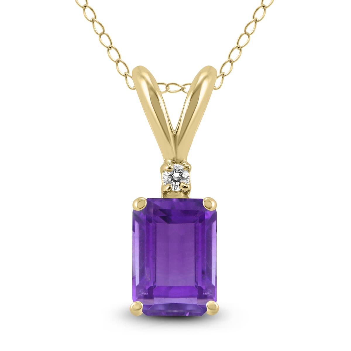 14K Yellow Gold 6x4MM Emerald Shaped Amethyst and Diamond Pendant